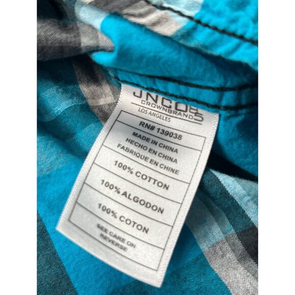 JNCO Crown Brand Mens Large Turquoise Plaid Button-Up Shirt Grunge Y2K Rapper - Picture 8 of 10